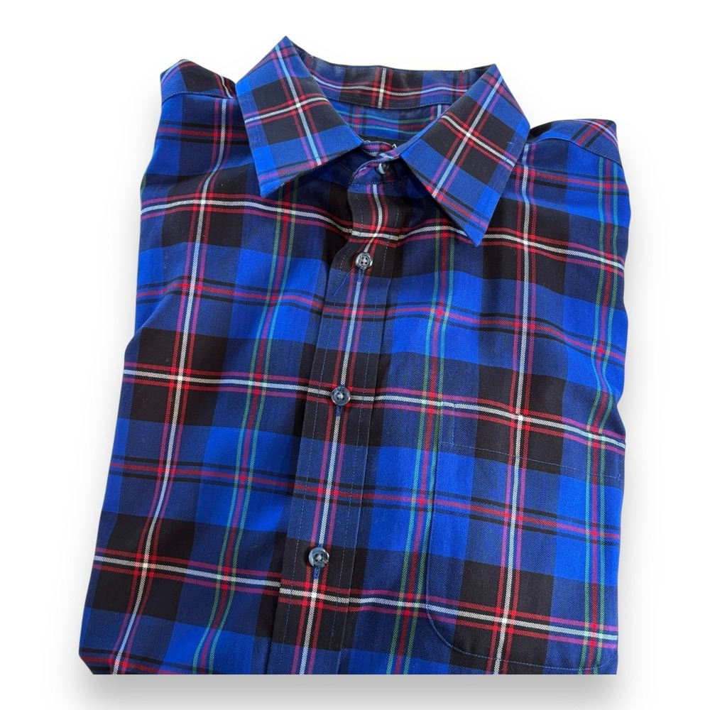 Jos A BANK‎ Traveler's Collection Collar Shirt Blue Red Plaid Size L Cotton